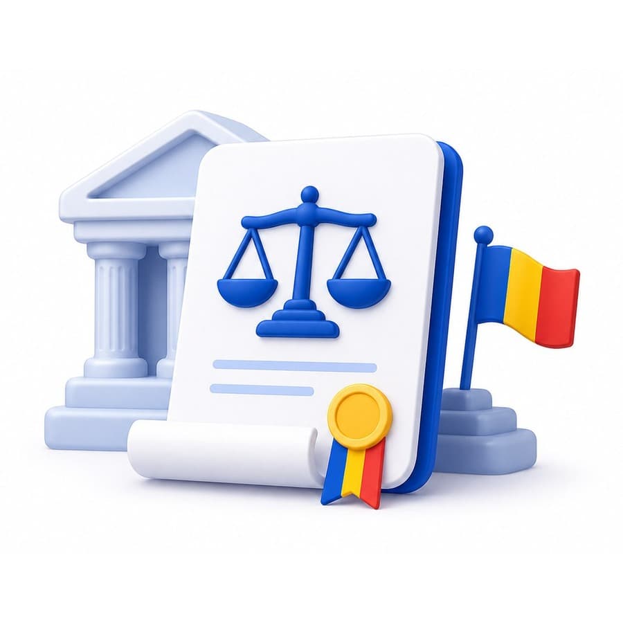 Ilustrație 3D cu document juridic, balanță și tricolorul României