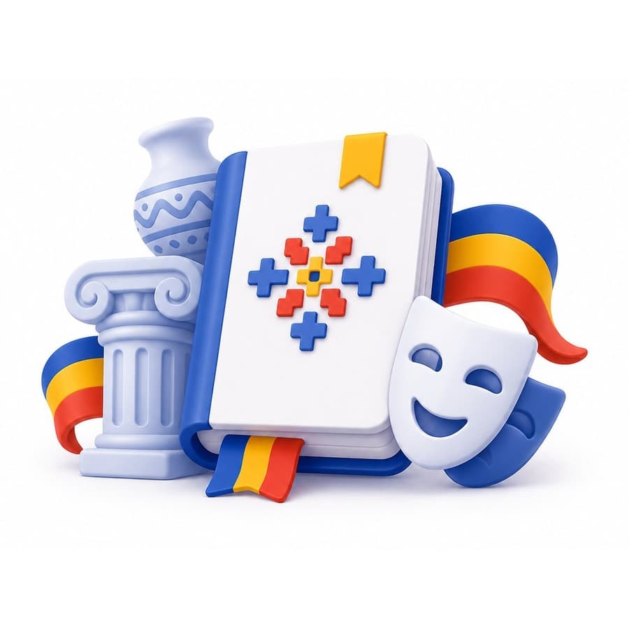 Ilustrație 3D cu motive culturale românești, coloană și măști de teatru