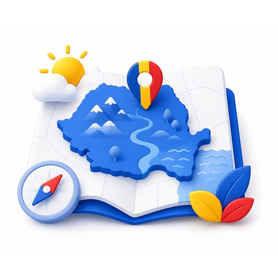 Ilustrație 3D cu hartă, relief, busolă și indicator de localizare