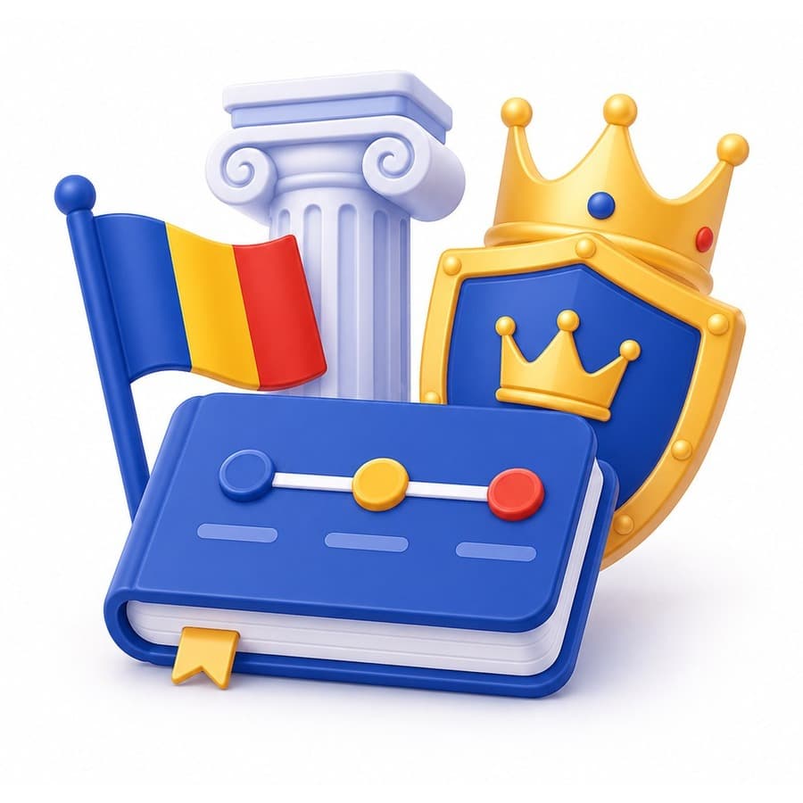 Ilustrație 3D cu carte, coloană, coroană și simboluri istorice românești