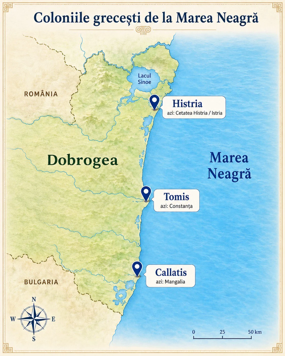 Hartă educațională cu Histria, Tomis și Callatis, coloniile grecești de la Marea Neagră