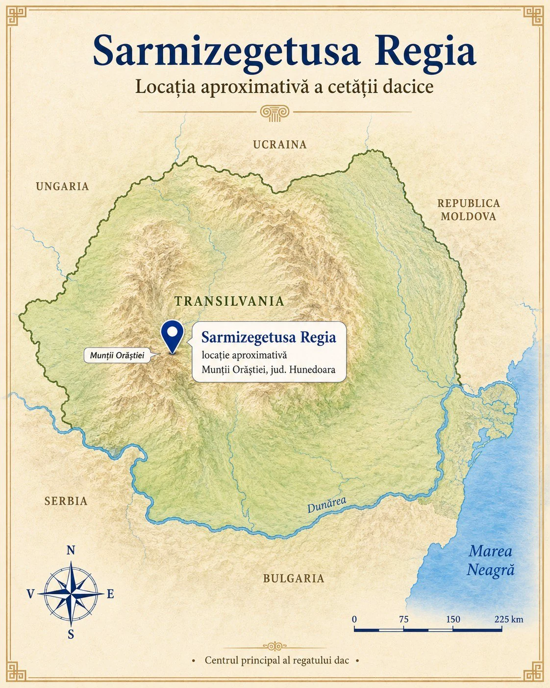 Hartă educațională cu localizarea aproximativă a cetății dacice Sarmizegetusa Regia în Munții Orăștiei